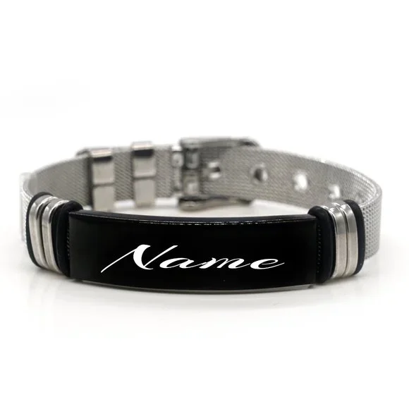 Mens silver band with black name plate. - Picture 2 of 5